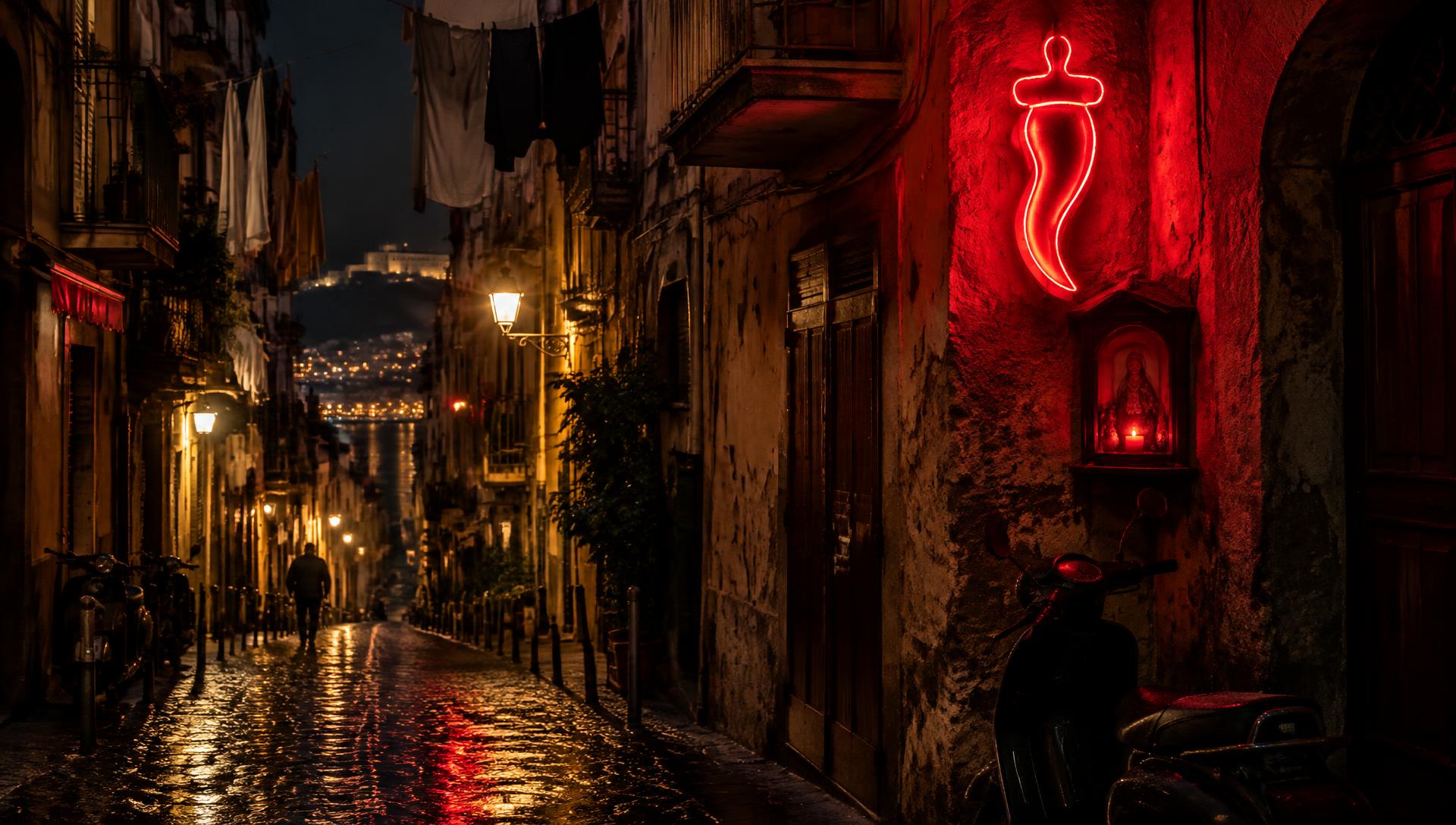 Vicolo di Napoli di notte con un cornetto al neon